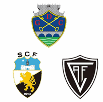 Escudos do Chaves (no alto), Farense (à esquerda) e Acadêmico de Viseu (à direita).